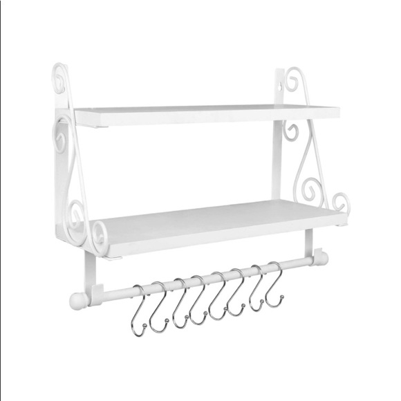 2-Tier Rustic Farmhouse Wood Wall Shelf with 8 Hooks - Picture 10 of 14